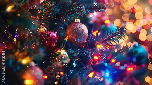 Vibrant Christmas tree lights reflecting off shiny baubles and decorations