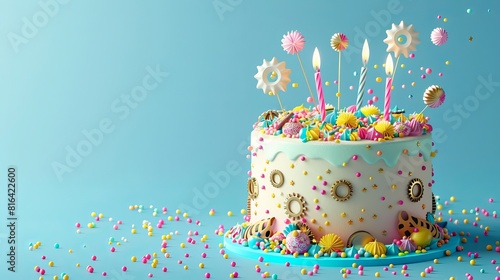 Vibrant Steampunk Birthday Cake with Colorful Sprinkles and Lit Candles on Blue Background - Festive Celebration Concept