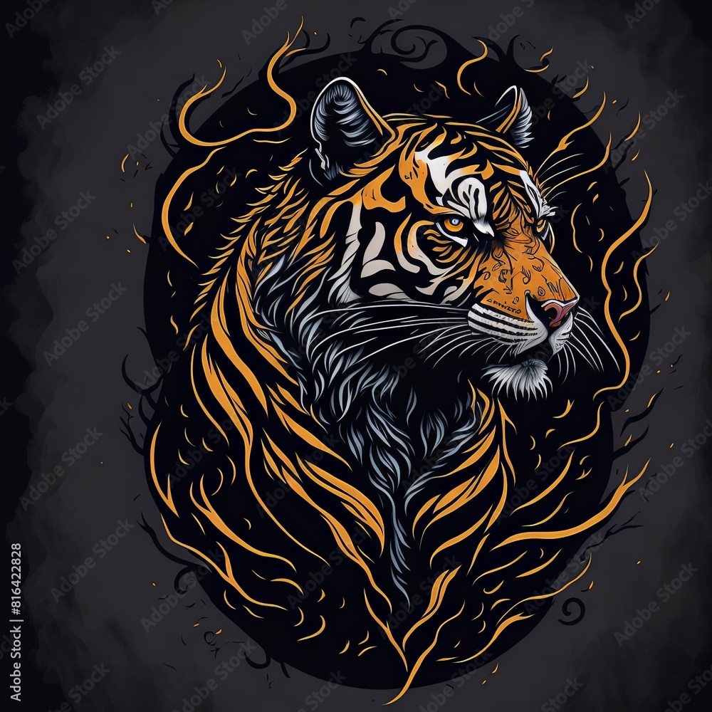 Fototapeta premium Vintage Tiger Drawing with Floral Accents and Ornate Details. Classic Tattoo Design. Suitable for T-Shirt Design Inspiration. 