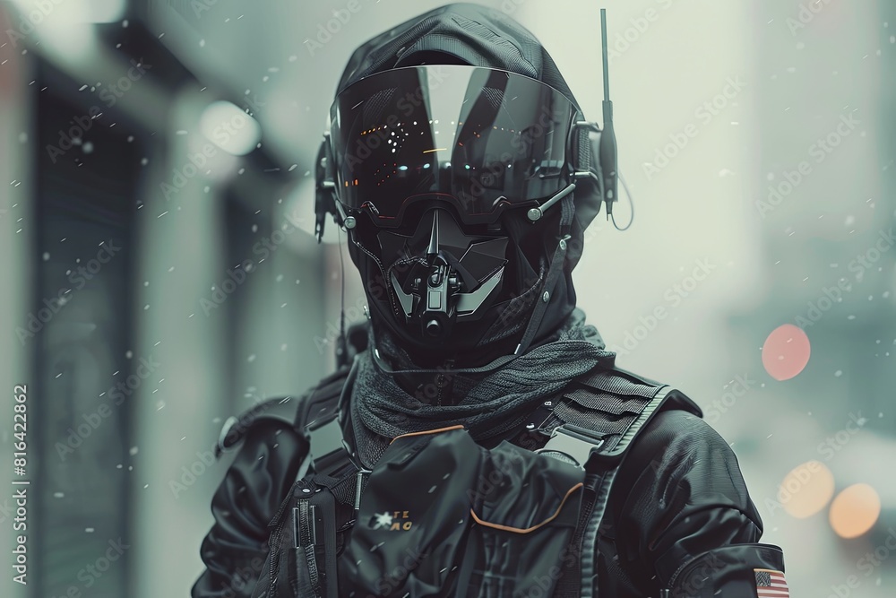 Fototapeta premium Futuristic robot cop shot up close