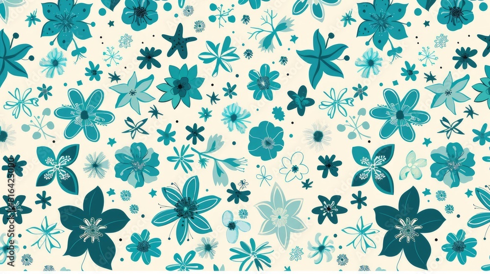 Complex teal pattern of flowers and stars on a white backdrop Complex teal pattern of flowers and stars on a white backdrop