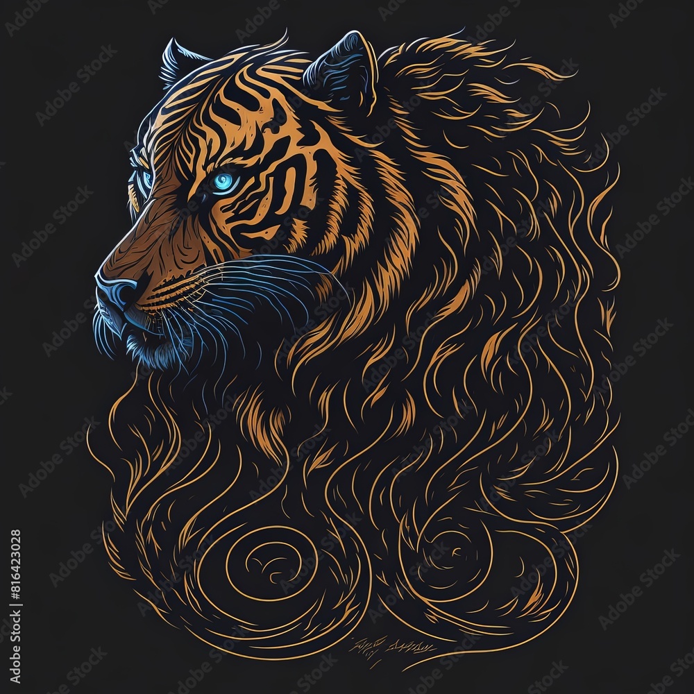 Tribal Tiger Drawing with Intricate Patterns and Bold Lines. Ethnic Tattoo Art. Suitable for T-Shirt Design Inspiration.
