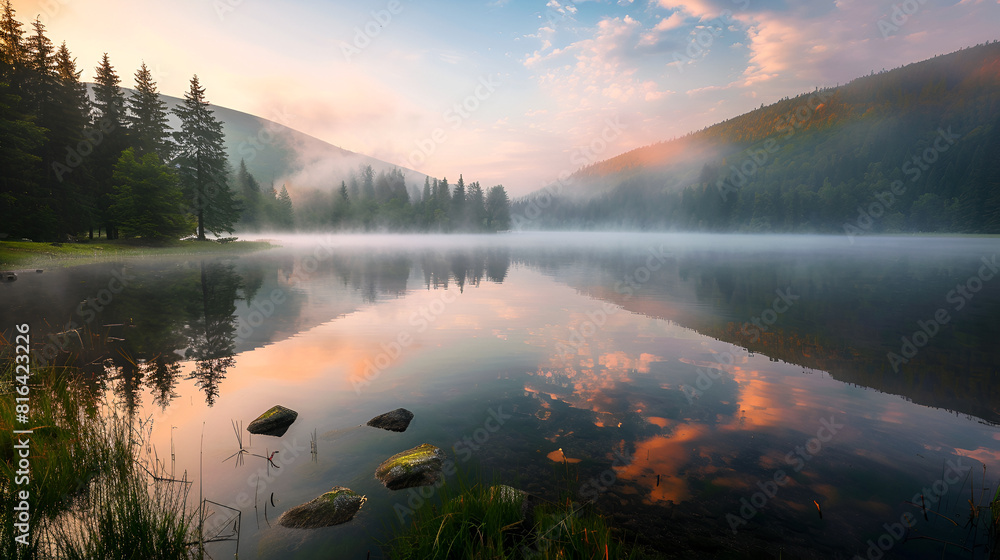 Foggy early morning view of a forested lake ,generative ai Foggy early morning view of a forested lake ,generative ai