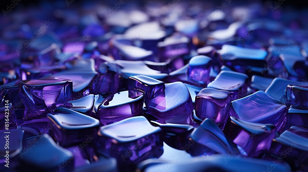A collection of blue and purple glass pieces, in a variety of shapes and sizes. The smooth, rounded pieces resemble ice cubes, while the jagged, sharp pieces look like shards of broken glass A collection of blue and purple glass pieces, in a variety of shapes and sizes. The smooth, rounded pieces resemble ice cubes, while the jagged, sharp pieces look like shards of broken glass