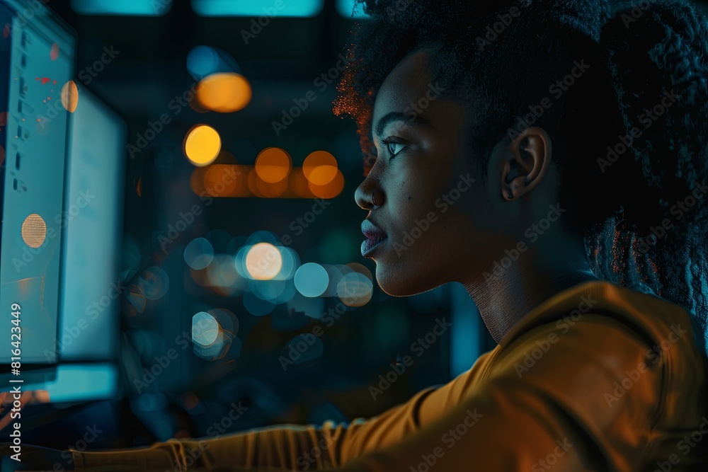 Woman seen working in office at night Woman seen working in office at night