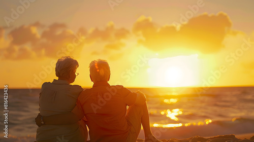 A happy senior couple enjoys their golden years watching a breathtaking beach sunset together Embodying the essence of retirement and relaxation they share quality time and savor the g : Generative AI