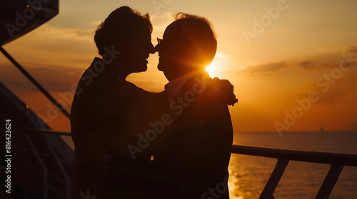 Silhouette sunset Senior business man and his wife hugging and kissing on celebration event at the yacht deckSilhouette romance scene marriage anniversary over sunset luxury and happi : Generative AI