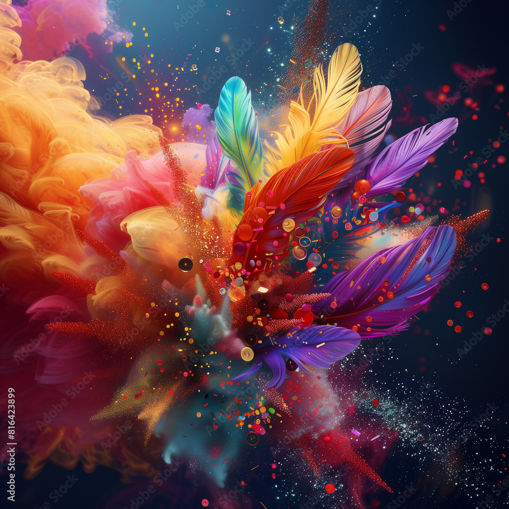 16k, 3d cloud of feathers, buttons multicolored, bright, vivid, 3D with shimmering sequins, abstract background with explosion, magic in space 