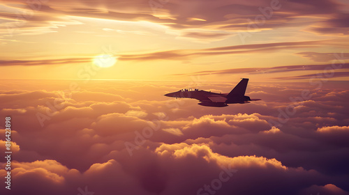 Silhouette of militar aircraft flying over the clouds in amazing sunset : Generative AI photo