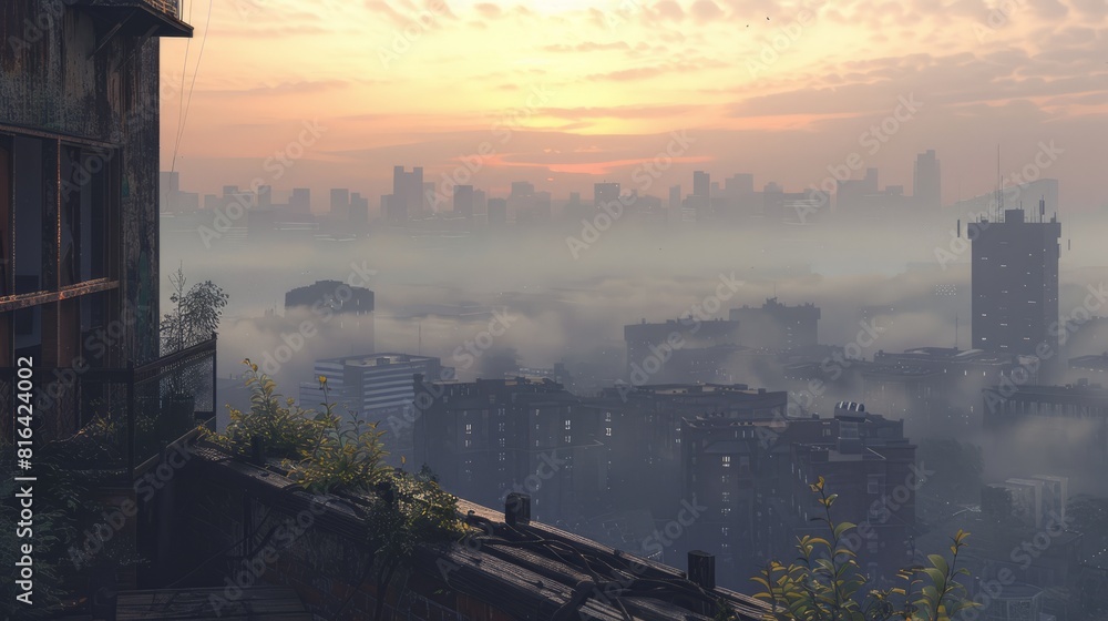 Dystopian Dawn, Foggy Urban Decay with a Hint of Sunrise