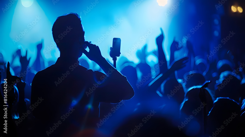 Vocalist in front of crowd on scene in stadium Bright stage lighting crowded dance floor Phone lights at concert Band blue silhouette crowd People with cell phone lights : Generative AI Vocalist in front of crowd on scene in stadium Bright stage lighting crowded dance floor Phone lights at concert Band blue silhouette crowd People with cell phone lights : Generative AI