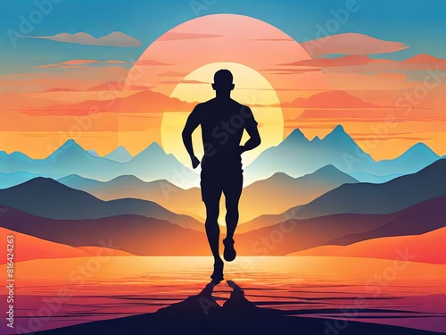 Majestic Sillhouette of a Runner Exploring Rugged Mountain Paths at Twilight. Adventure Beckons in the Pursuit of a Healthy Lifestyle. Suitable for Sports Graphic Resource. 