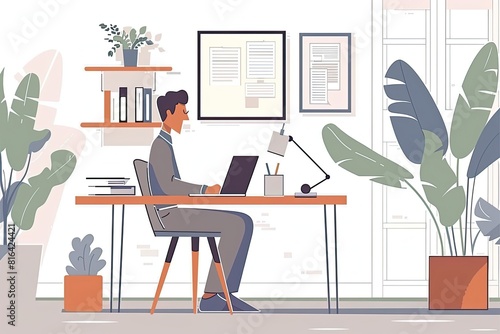 A web developer is coding websites on a computer in a sleek and contemporary home office. Simple and minimalist flat Vector Illustration © Barra Fire