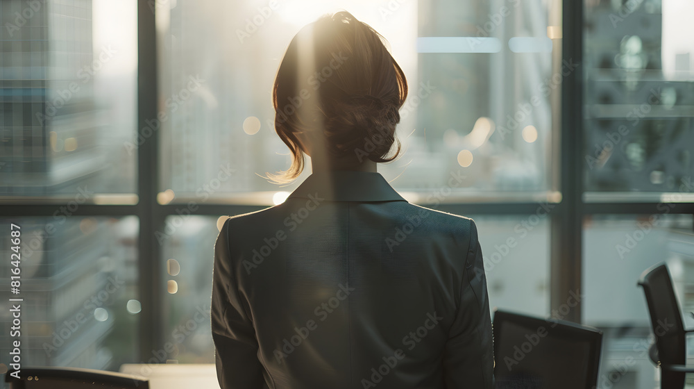 Back view of unrecognizable female entrepreneur in formal clothes standing near glass wall and office furniture at workplace while looking away at cityscape : Generative AI Back view of unrecognizable female entrepreneur in formal clothes standing near glass wall and office furniture at workplace while looking away at cityscape : Generative AI