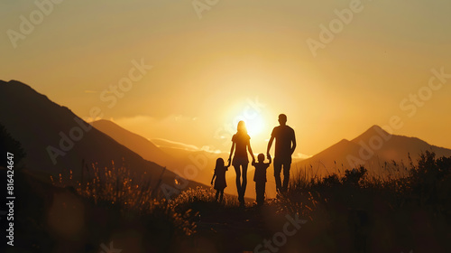 Silhouettes of a singleparent family on a sunset in the mountains   Generative AI