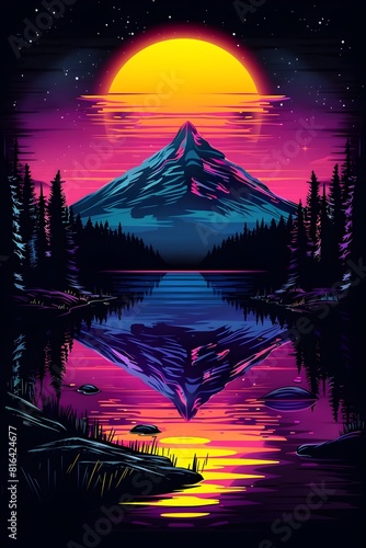 Majestic Mountainscape Reflected in Serene Lake at Sunset in Dreamy Synthwave Landscape