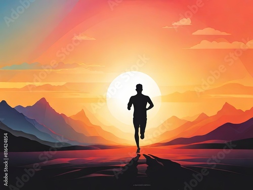 Inspiring Sillhouette of a Runner Charging through Mountainous Terrain at Sunset. Pursuing Adventure in a Healthy Lifestyle. Suitable for Sports Graphic Resource. 