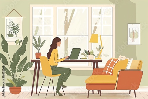 A woman sits on the floor focused on her laptop screen as she works diligently Someone doing activities at home Simple and minimalist flat Vector Illustration © Barra Fire
