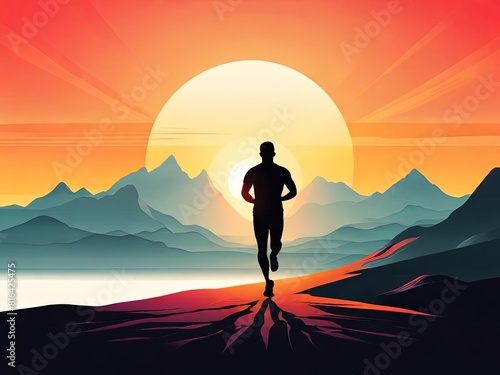 Vibrant Sillhouette of a Jogger Embracing Nature s Path amidst Mountain Scenery. Running Adventure for a Healthier Lifestyle. Suitable for Sports Graphic Resource. 