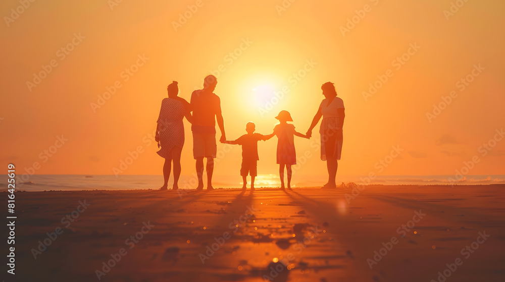 Family holding hands beach at sunset and solidarity grandparents travel with parents and kids with orange sky Back generations and men women and children outdoor with silhouette and va : Generative AI
