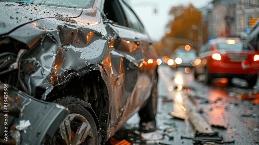 Closeup of Heavily Damaged Car After Accident on Busy Street, Car Collision Scene: Vehicles in Distress Closeup of Heavily Damaged Car After Accident on Busy Street, Car Collision Scene: Vehicles in Distress