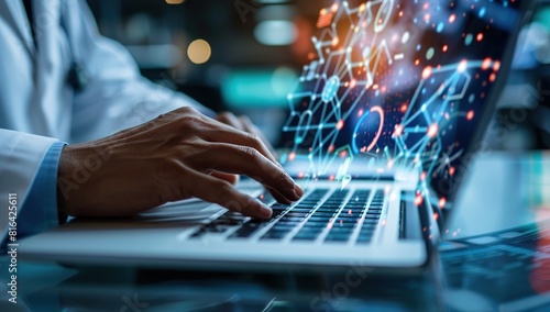 A doctor using digital health technology on their laptop, with data and connections around them. copy space for text.