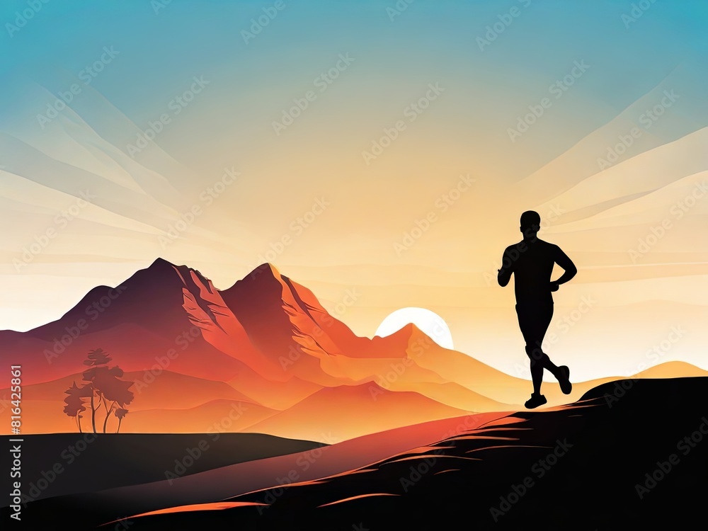 Sillhouette of a Man Running through Serene Mountains at Sunrise. Adventure and Healthy Lifestyle Exploration. Suitable for Sports Graphic Resource.
