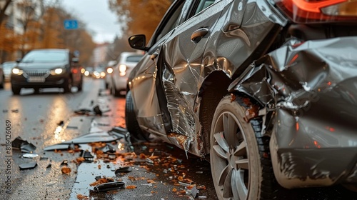 Closeup of Heavily Damaged Car After Accident on Busy Street  Car Collision Scene   Vehicles in Distress