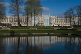 View of the Catherine Palace with a reflection in the Mirror Pond of the Catherine Park in Tsarskoye Selo on a sunny spring day, Pushkin, Saint Petersburg, Russia