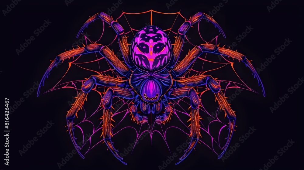 Synthetic Spider Wrapping Prey in Neon Silk Web on Dramatic Black Background Synthetic Spider Wrapping Prey in Neon Silk Web on Dramatic Black Background