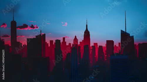 New York City skyline buildings form silhouette shapes against the background sky in Manhattan with red and blue colors   Generative AI
