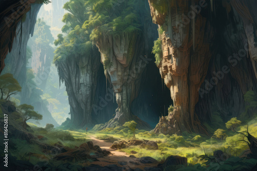 a huge cave  wide overgrown forest