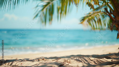 Beautiful summer background with a sandy beach and palm tree, copy space for text, banner design. Shallow depth of field, blurred sea in the distance © Mangata Imagine