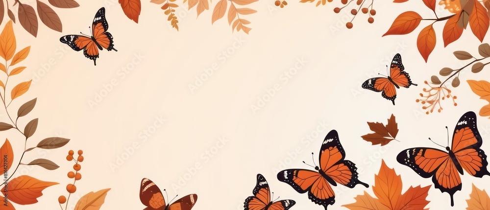 Butterflies flutter among autumn foliage in a golden morning light, creating a dreamy atmosphere. Include acorns, berries, and warm hues to evoke the cozy feel of fall. Butterflies flutter among autumn foliage in a golden morning light, creating a dreamy atmosphere. Include acorns, berries, and warm hues to evoke the cozy feel of fall.