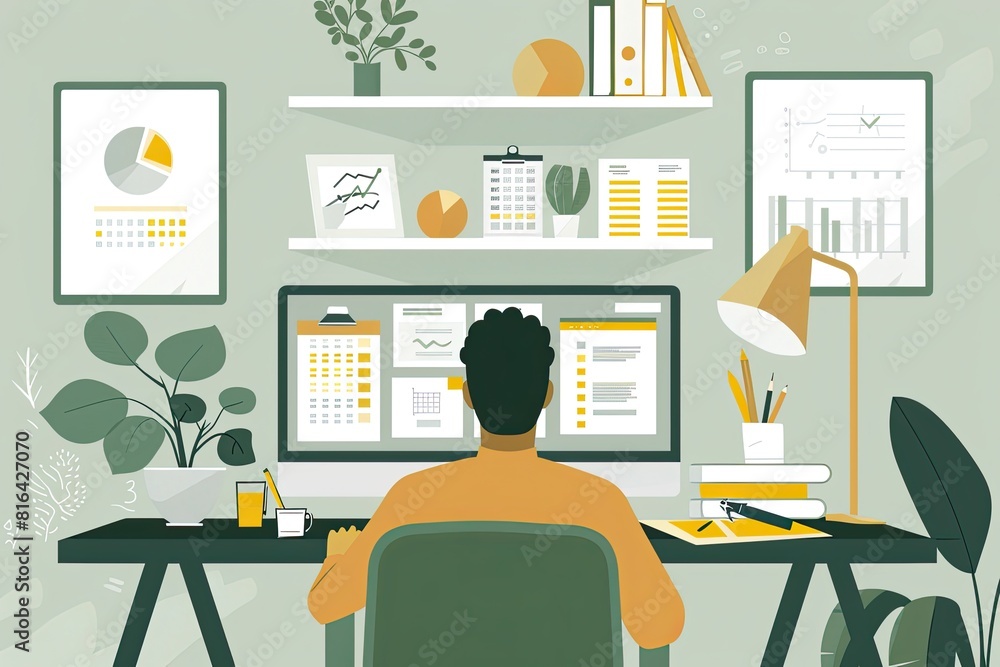 An accountant is balancing budgets on a computer in a clean and organized home office setup. Simple and minimalist flat Vector Illustration An accountant is balancing budgets on a computer in a clean and organized home office setup. Simple and minimalist flat Vector Illustration
