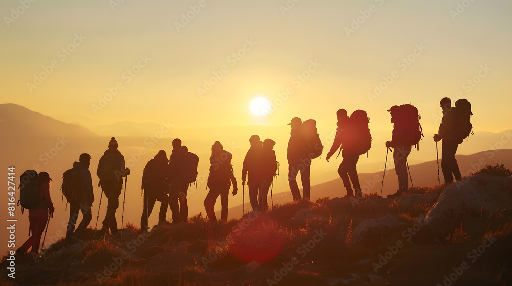 Big diverse group of hikers silhouettes stands at mountain top and looks at sunset : Generative AI Big diverse group of hikers silhouettes stands at mountain top and looks at sunset : Generative AI