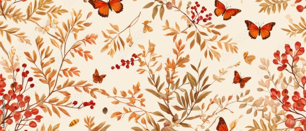 Butterflies flutter among autumn foliage in a golden morning light, creating a dreamy atmosphere. Include acorns, berries, and warm hues to evoke the cozy feel of fall. Butterflies flutter among autumn foliage in a golden morning light, creating a dreamy atmosphere. Include acorns, berries, and warm hues to evoke the cozy feel of fall.
