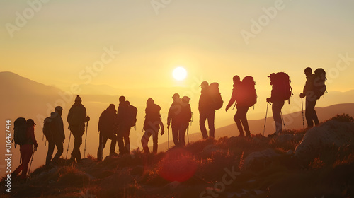 Big diverse group of hikers silhouettes stands at mountain top and looks at sunset   Generative AI