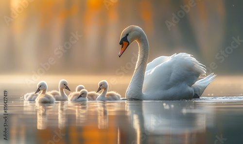 An adult mother white swan with her cute little babies on the surface of a beautiful lake