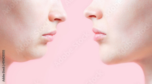 Profile of female face with and without second chin, concept before and after plastic surgery. photo