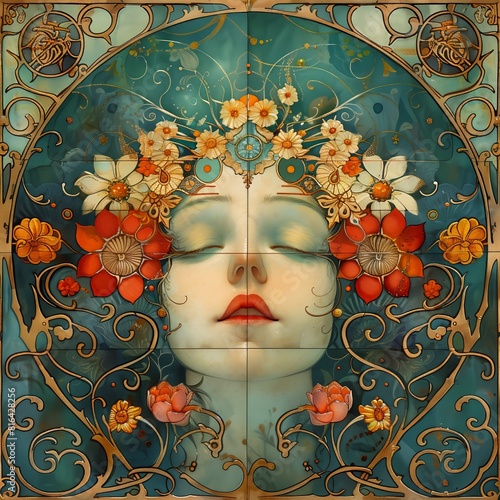 Illustration of a woman's face in art nouveau style.