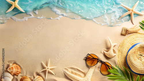 Beautiful summer background with beach accessories on sand, copy space for text, top view