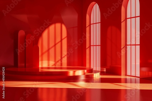 Intricate 3D rendering of the studio space bathed in warm red light. With large arched windows and geometric shapes The design emphasizes the interaction of light and shadow. This creates an eye-catch