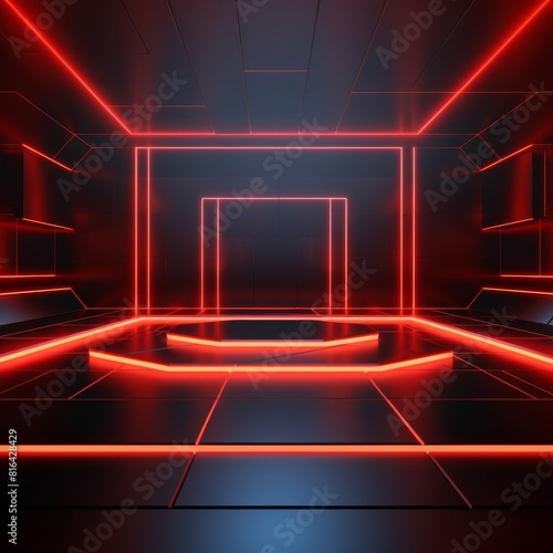 Futuristic 3D rendering of a studio space lit by red neon lights. with geometric shapes and outlines The composition emphasizes depth and perspective with parallel and intersecting neon lines. It crea