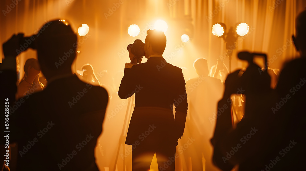 Silhouette of celebrity being photographed by paparazzi photographers at event : Generative AI