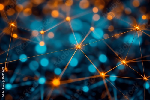 Network of interconnected lines and nodes on a blue bokeh background, symbolizing connectivity.