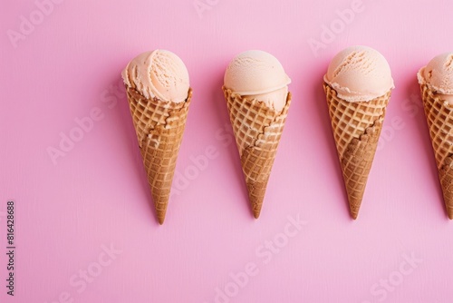 photo of three ice cream cones on a pink background, in a flat lay, top view, minimal concept, copy space for text or logo,
