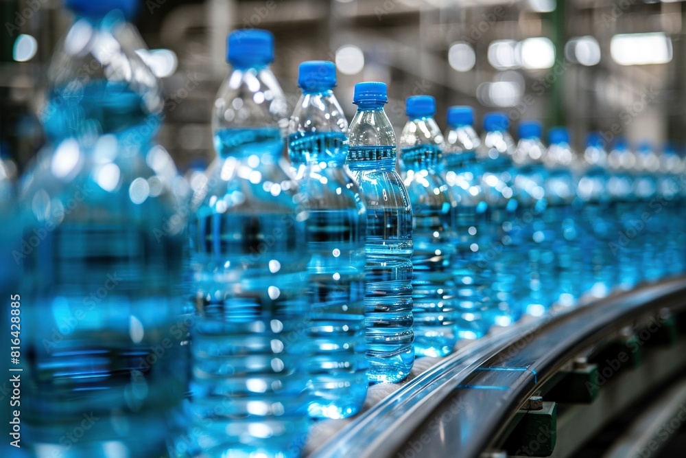 a conveyor belt filled with a variety of water bottles, including clear and blue bottles, with blue caps, arranged from left to right a conveyor belt filled with a variety of water bottles, including clear and blue bottles, with blue caps, arranged from left to right
