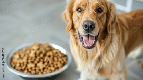 a brown dog eagerly awaits a bowl of dog food  with an open mouth and pink tongue  while its black nose sniffs the air