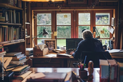 An editor is proofreading manuscripts at a desk in a tidy and efficient home office setup